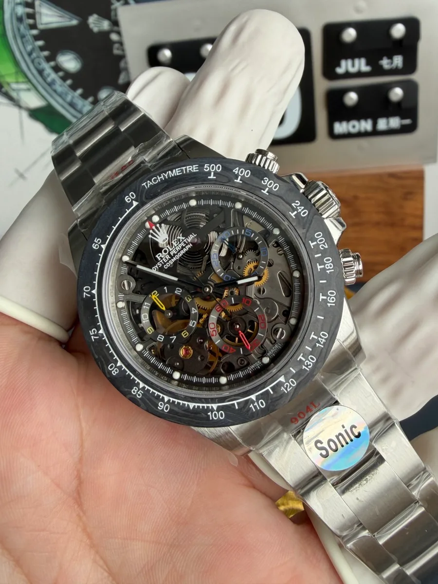 Rolex Daytona Artisans de Genève 116520 La Montoya Skeleton Dial Carbon Bezel 40mm Super Clone Watch - Angle 3 - Jack Watches USA