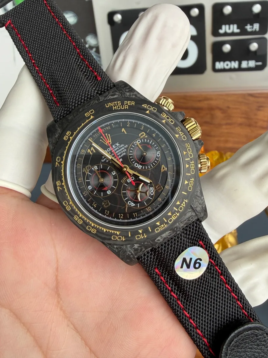 Rolex Daytona DiW Avia Black Carbon Fiber Textile Strap N6F 40mm Super Clone Watch - Angle 2 - Jack Watches USA