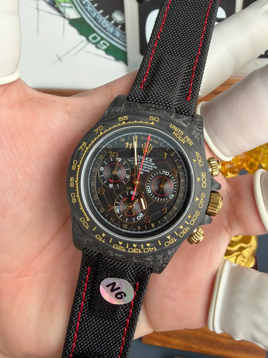 Rolex Daytona DiW Avia Black Carbon Fiber Textile Strap N6F 40mm Super Clone Watch - Angle 3 - Jack Watches USA