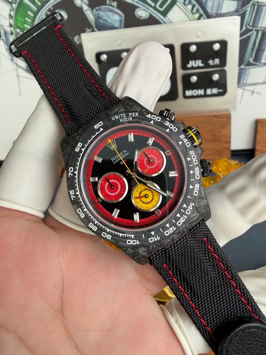 Rolex Daytona DiW F1 Racing Inspired Diamond Index Dial Black Carbon Fiber N6F 40mm Super Clone Watch - Angle 2 - Jack Watches USA