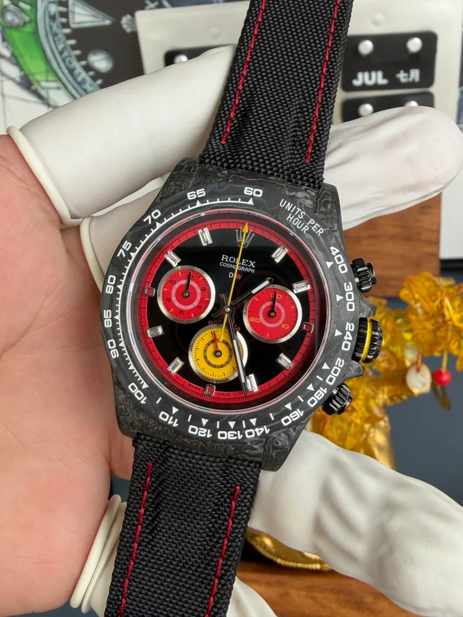 Rolex Daytona DiW F1 Racing Inspired Diamond Index Dial Black Carbon Fiber N6F 40mm Super Clone Watch - Angle 3 - Jack Watches USA