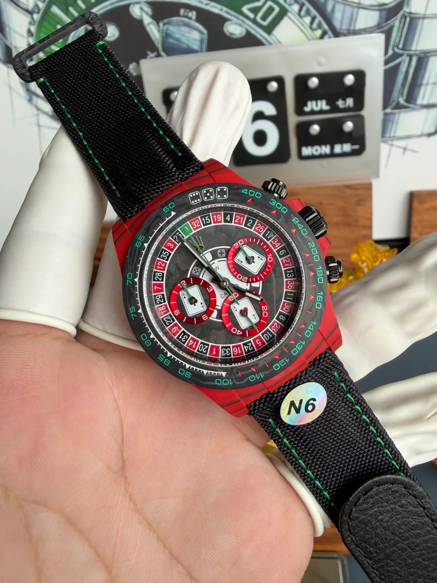 Rolex Daytona DiW Lucky Player 3 Red Quartz Fiber Textile Strap N6F 40mm Super Clone Watch - Angle 2 - Jack Watches USA
