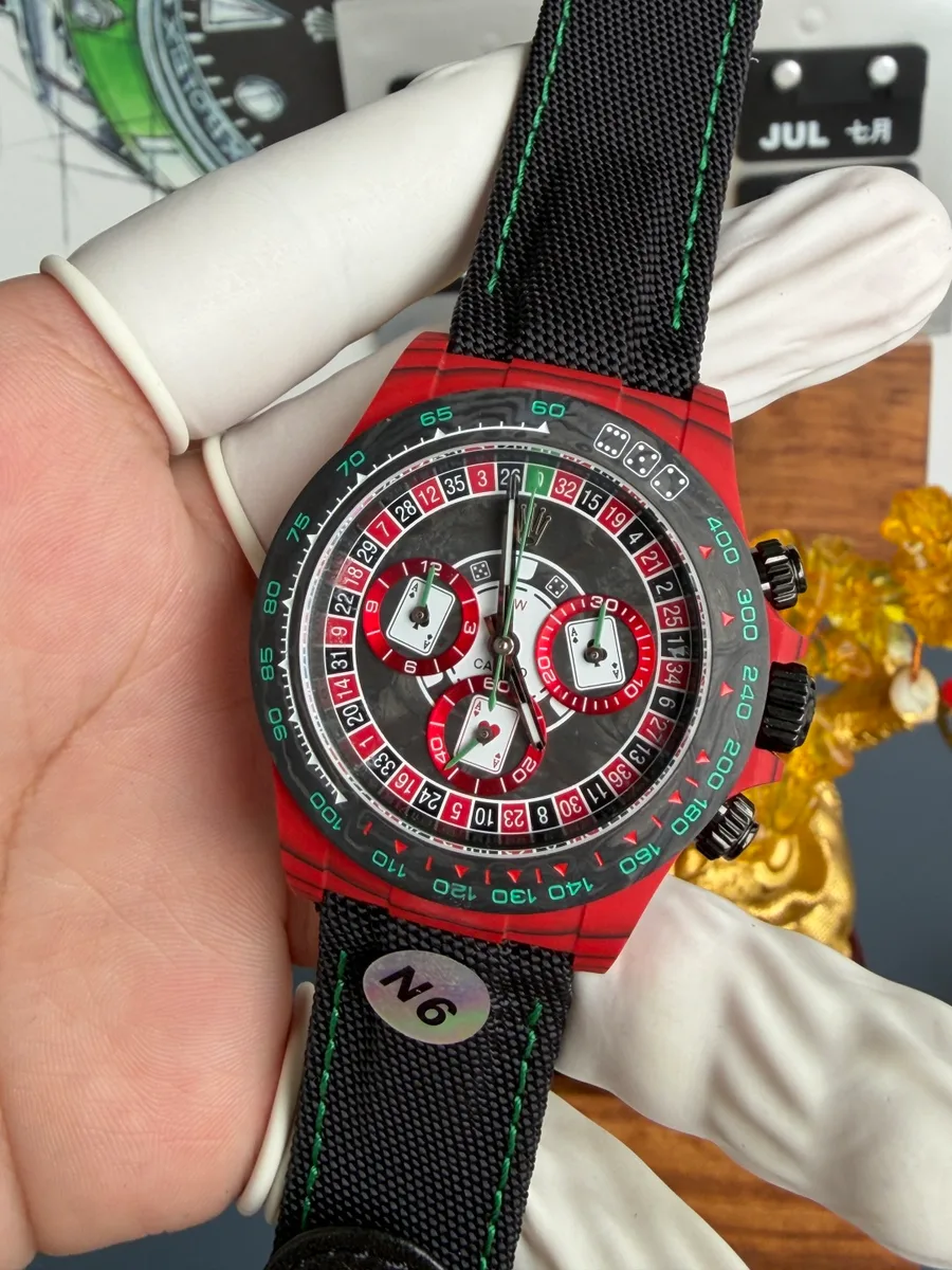 Rolex Daytona DiW Lucky Player 3 Red Quartz Fiber Textile Strap N6F 40mm Super Clone Watch - Angle 3 - Jack Watches USA