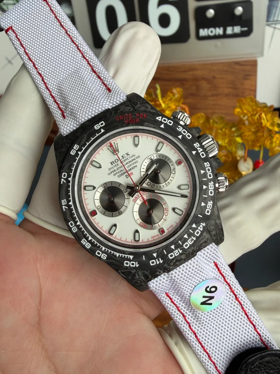 Rolex Daytona DiW SPEEDSTER WHITE Carbon Fiber N6F 40mm Super Clone Watch - Angle 2 - Jack Watches USA
