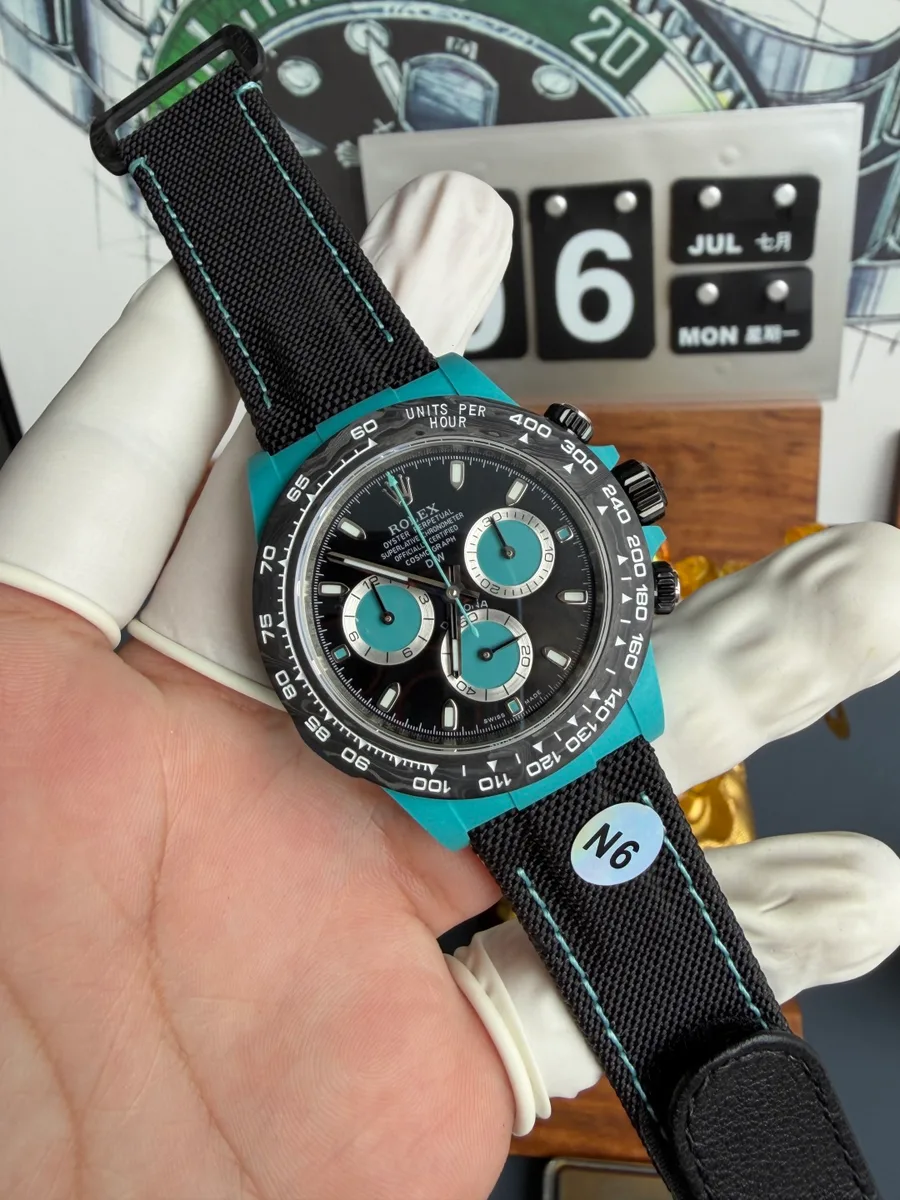 Rolex Daytona DiW Tiffany Blue Celeste CarboQuartz Textile Strap N6F 40mm Super Clone Watch - Angle 2 - Jack Watches USA