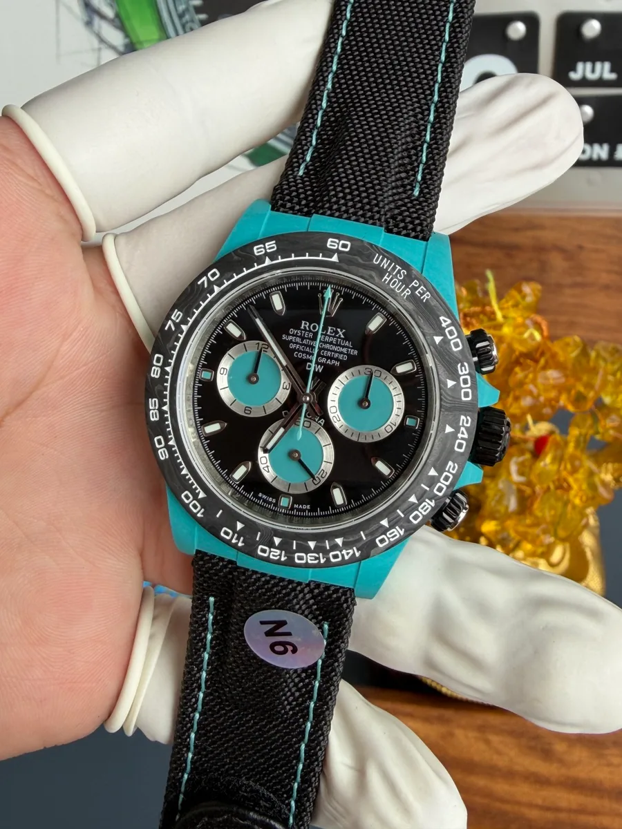 Rolex Daytona DiW Tiffany Blue Celeste CarboQuartz Textile Strap N6F 40mm Super Clone Watch - Angle 3 - Jack Watches USA