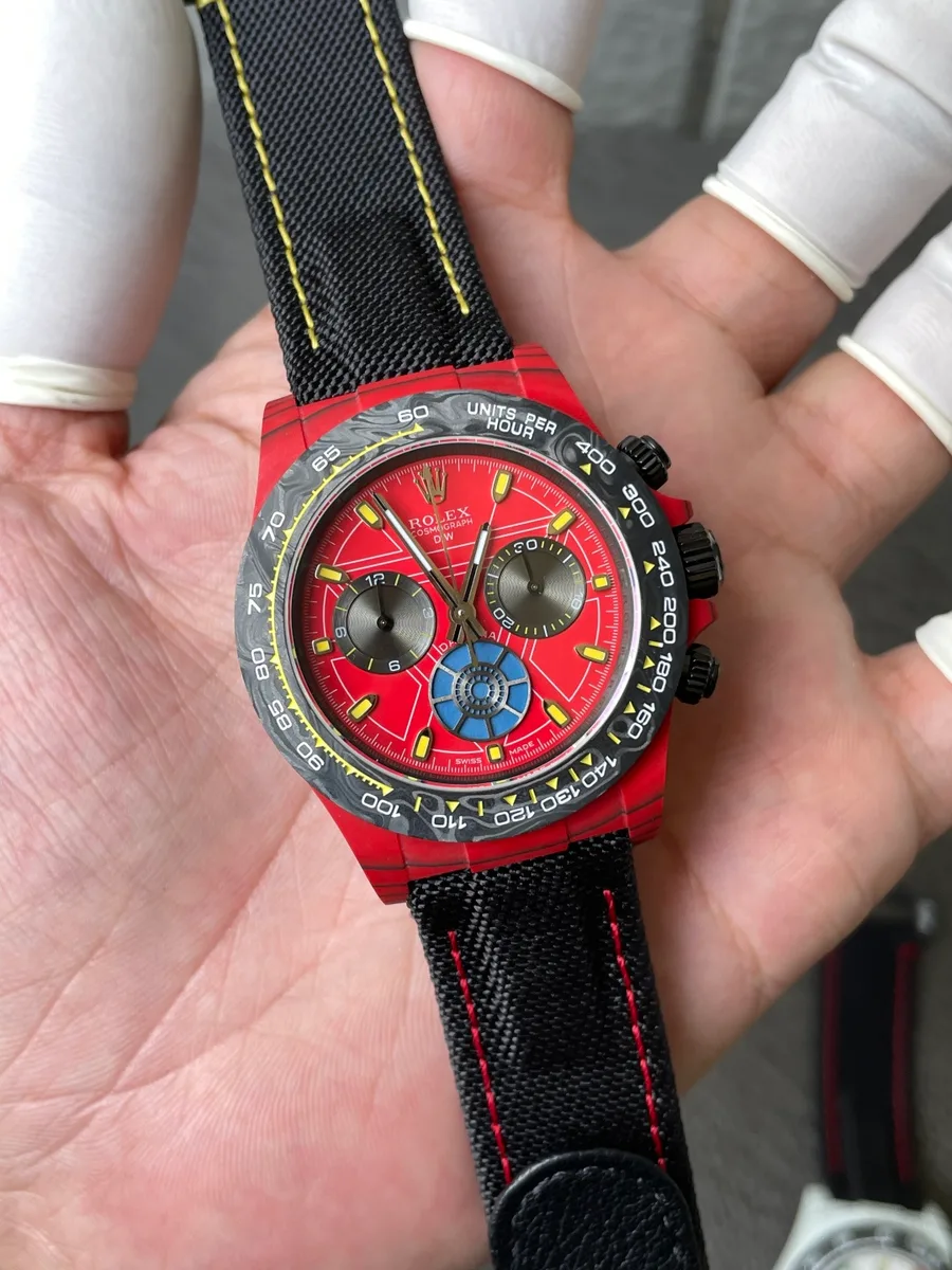 Rolex DiW Daytona IRON MAN CarboQuartz Red Dial Sonic Factory 40mm Super Clone Watch - Angle 2 - Jack Watches USA