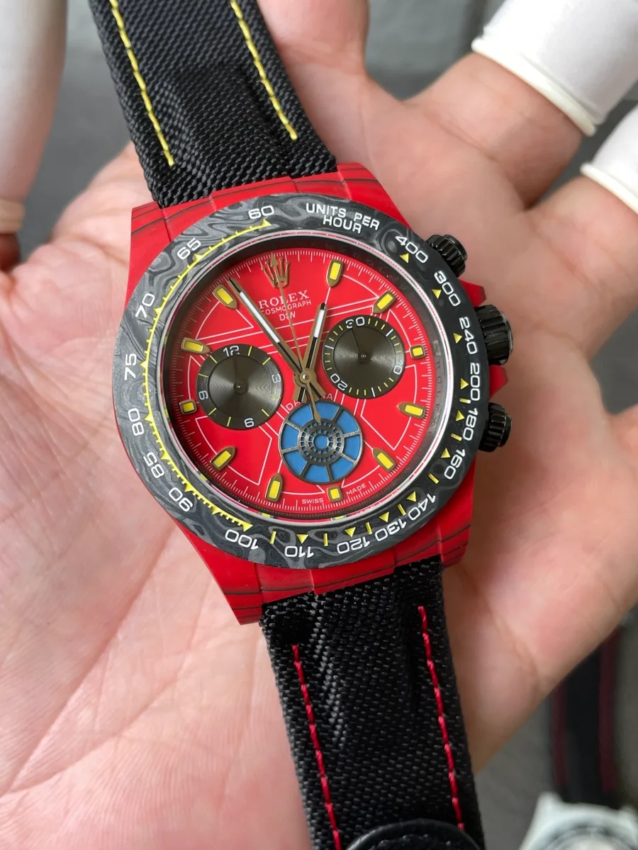 Rolex DiW Daytona IRON MAN CarboQuartz Red Dial Sonic Factory 40mm Super Clone Watch - Angle 3 - Jack Watches USA