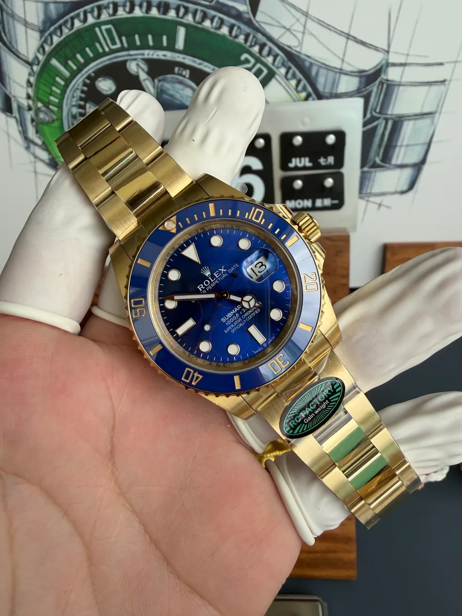 Rolex Submariner Date 126618LB Yellow Gold Blue Dial Gained Weight 229g RCF 41mm Super Clone Watch - Angle 2 - Jack Watches USA