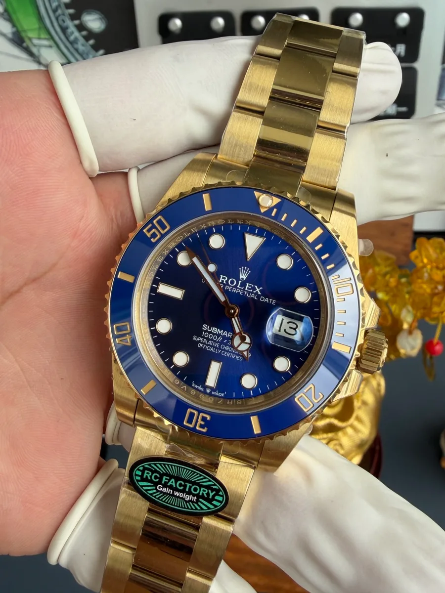 Rolex Submariner Date 126618LB Yellow Gold Blue Dial Gained Weight 229g RCF 41mm Super Clone Watch - Angle 3 - Jack Watches USA