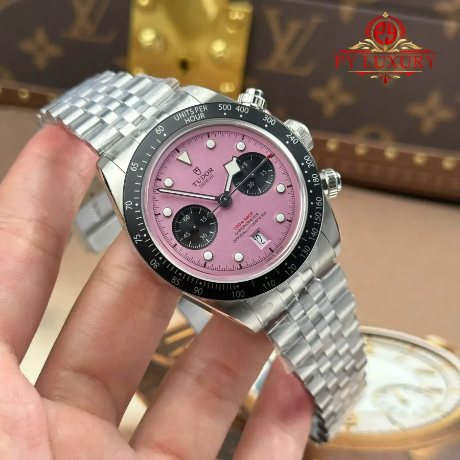 Tudor Black Bay Chrono 79360N Pink Dial Jubilee Bracelet M+ Factory 41mm Super Clone Watch - Angle 2 - Jack Watches USA