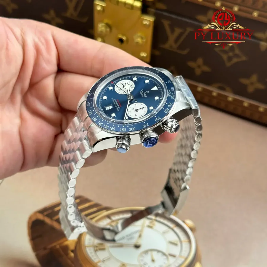 Tudor Black Bay Chrono M79360N-0002 Blue Dial Jubilee Bracelet M+ Factory 41mm Super Clone Watch - Angle 3 - Jack Watches USA