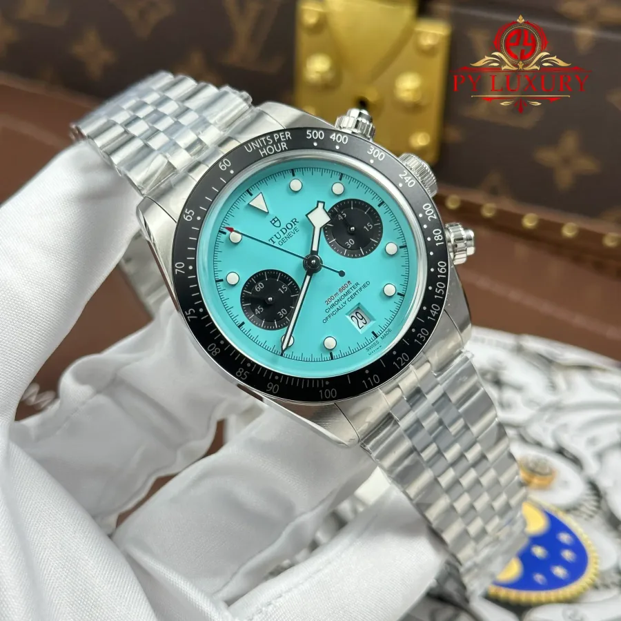 Tudor Black Bay Chrono M79360N Turquoise Dial Jubilee Bracelet 41mm Super Clone Watch - Angle 2 - Jack Watches USA