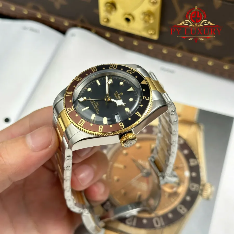 Tudor Black Bay GMT M79833MN-0001 Two Tone Steel & Yellow Gold Black Dial 41mm Super Clone Watch - Angle 3 - Jack Watches USA