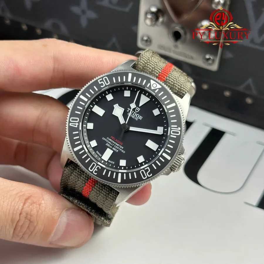 Tudor Pelagos FXD M25717N-0001 Titanium Black Dial Green Fabric Strap 42mm Super Clone Watch - Angle 3 - Jack Watches USA