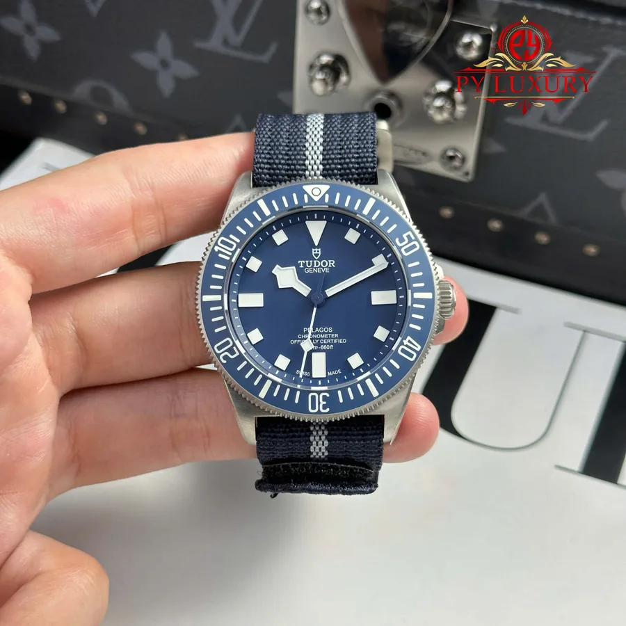Tudor Pelagos FXD Titanium M25707b/25-0001 Blue Dial Navy Blue Fabric Strap 42mm Super Clone Watch - Angle 2 - Jack Watches USA