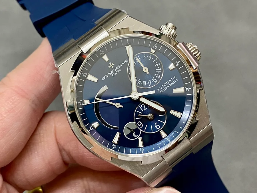 Vacheron Constantin Overseas Dual Time 47450/000A-9039 Blue Dial Rubber Band Replica TWF 42mm Super Clone Watch - Angle 2 - Jack Watches USA