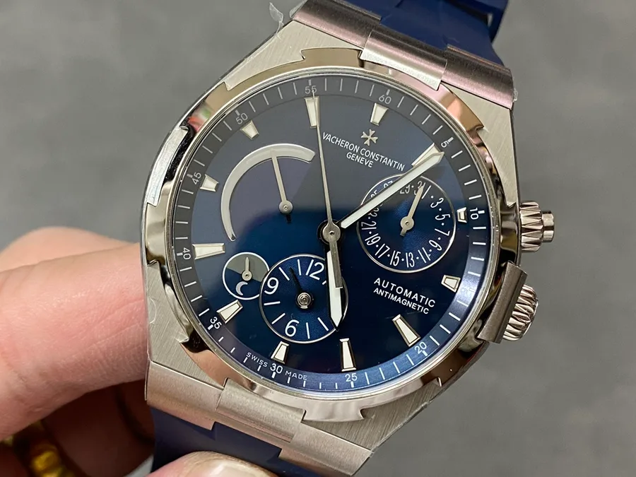 Vacheron Constantin Overseas Dual Time 47450/000A-9039 Blue Dial Rubber Band Replica TWF 42mm Super Clone Watch - Angle 3 - Jack Watches USA