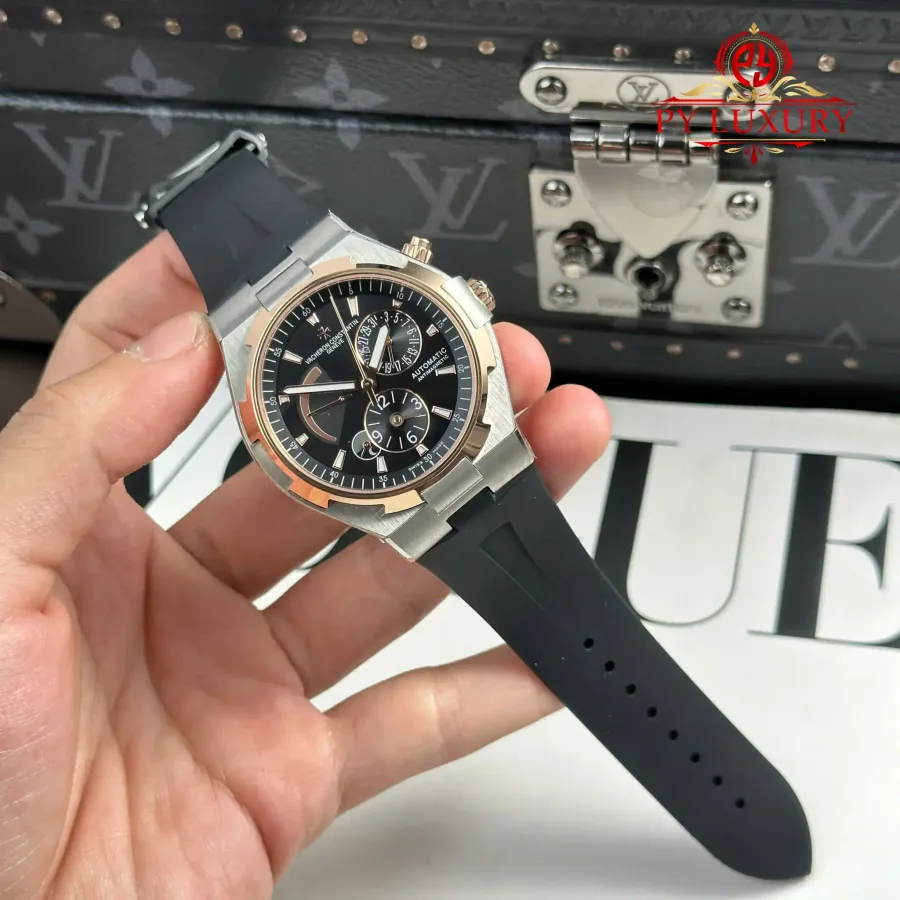 Vacheron Constantin Overseas Dual Time 47450/000M-9644 Two Tone Rose Gold Grey Dial Rubber Band 42mm Super Clone Watch - Angle 2 - Jack Watches USA