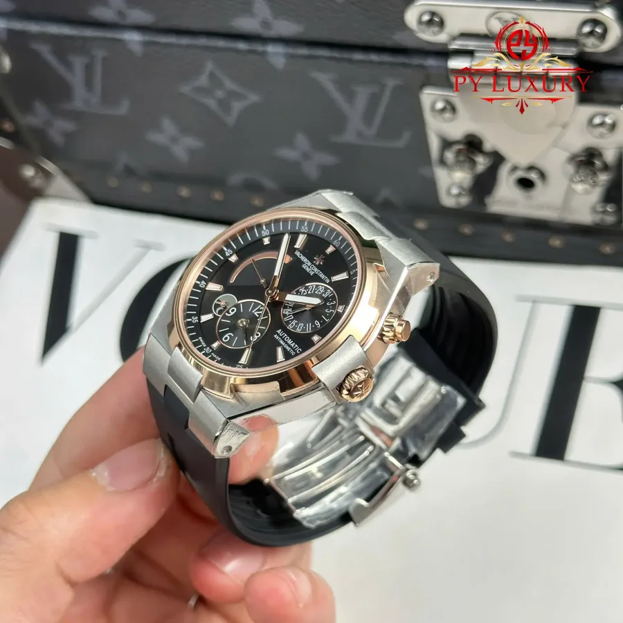 Vacheron Constantin Overseas Dual Time 47450/000M-9644 Two Tone Rose Gold Grey Dial Rubber Band 42mm Super Clone Watch - Angle 3 - Jack Watches USA