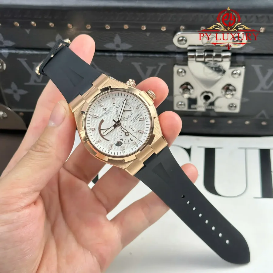 Vacheron Constantin Overseas Dual Time 47450/000r-9404 Rose Gold White Dial Rubber Band 42mm Super Clone Watch - Angle 2 - Jack Watches USA