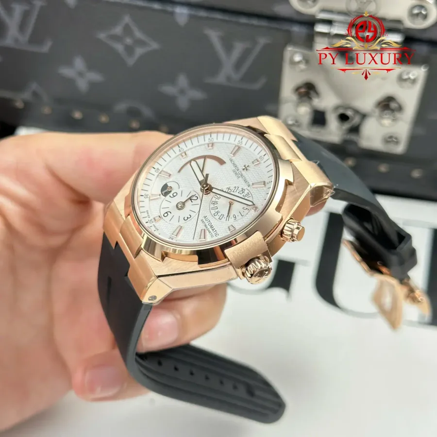 Vacheron Constantin Overseas Dual Time 47450/000r-9404 Rose Gold White Dial Rubber Band 42mm Super Clone Watch - Angle 3 - Jack Watches USA