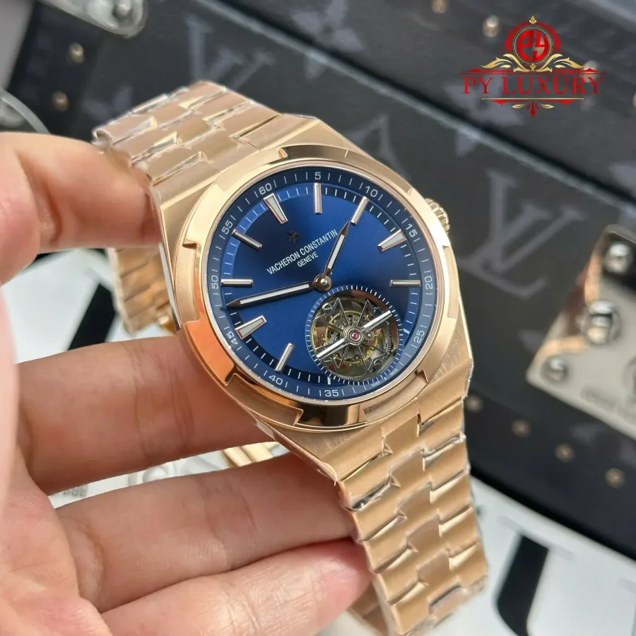 Vacheron Constantin Overseas Tourbillon 6000V Rose Gold Blue Dial BBR 42.5mm Super Clone Watch - Angle 2 - Jack Watches USA