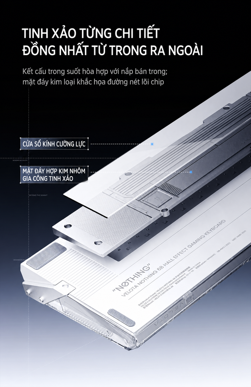Mặt đáy kính cường lực và nhôm của VELOTA NOTHING 68