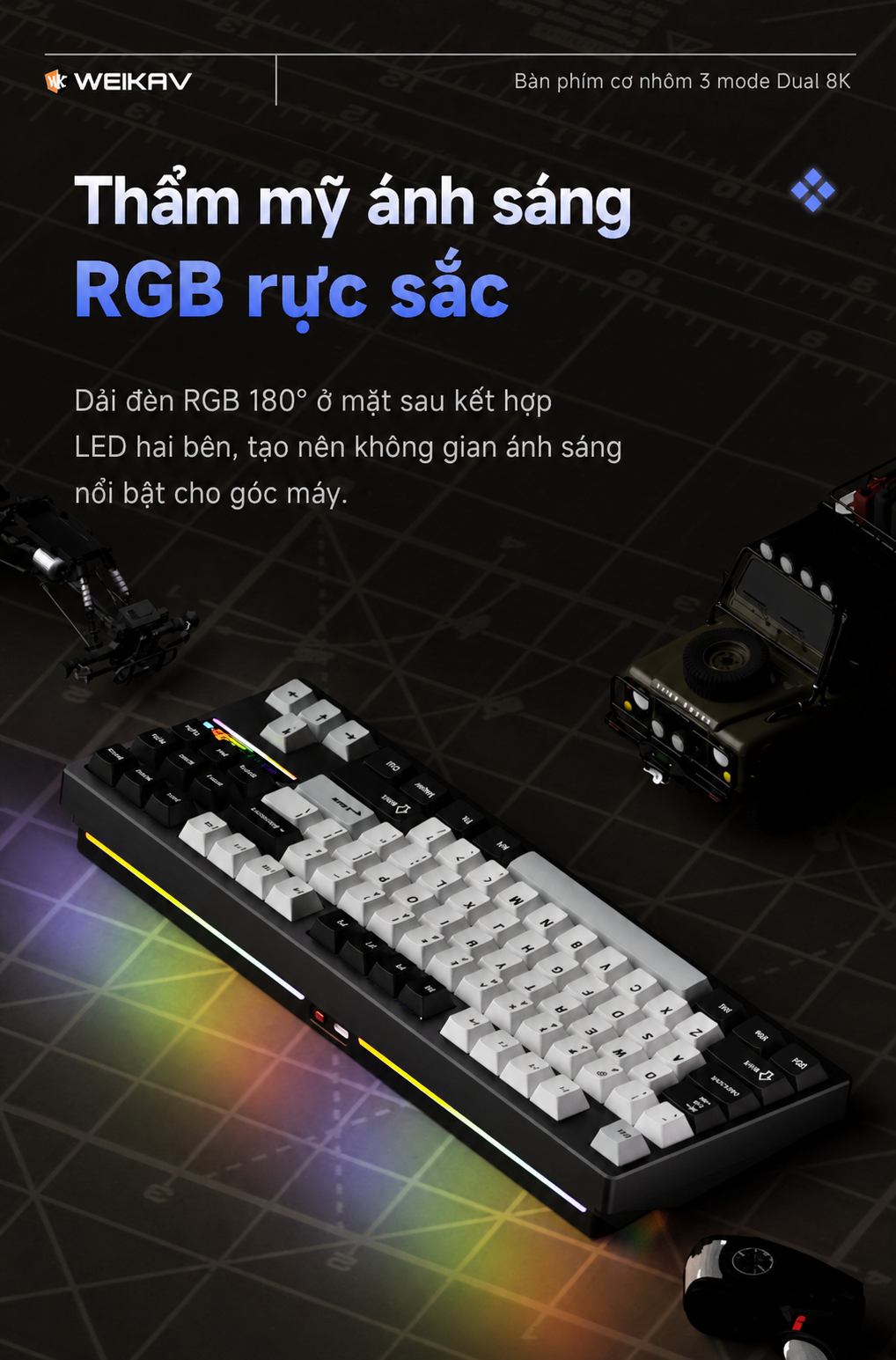 Đèn RGB 180 độ và LED hai bên Weikav NUT87