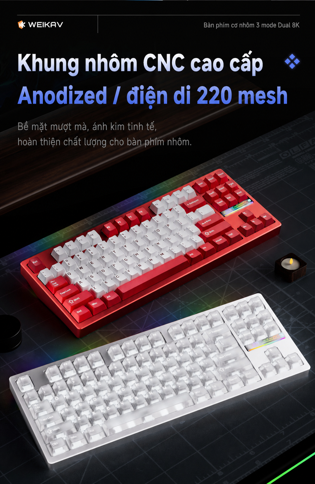 Case nhôm CNC Weikav NUT87 hoàn thiện 220 mesh