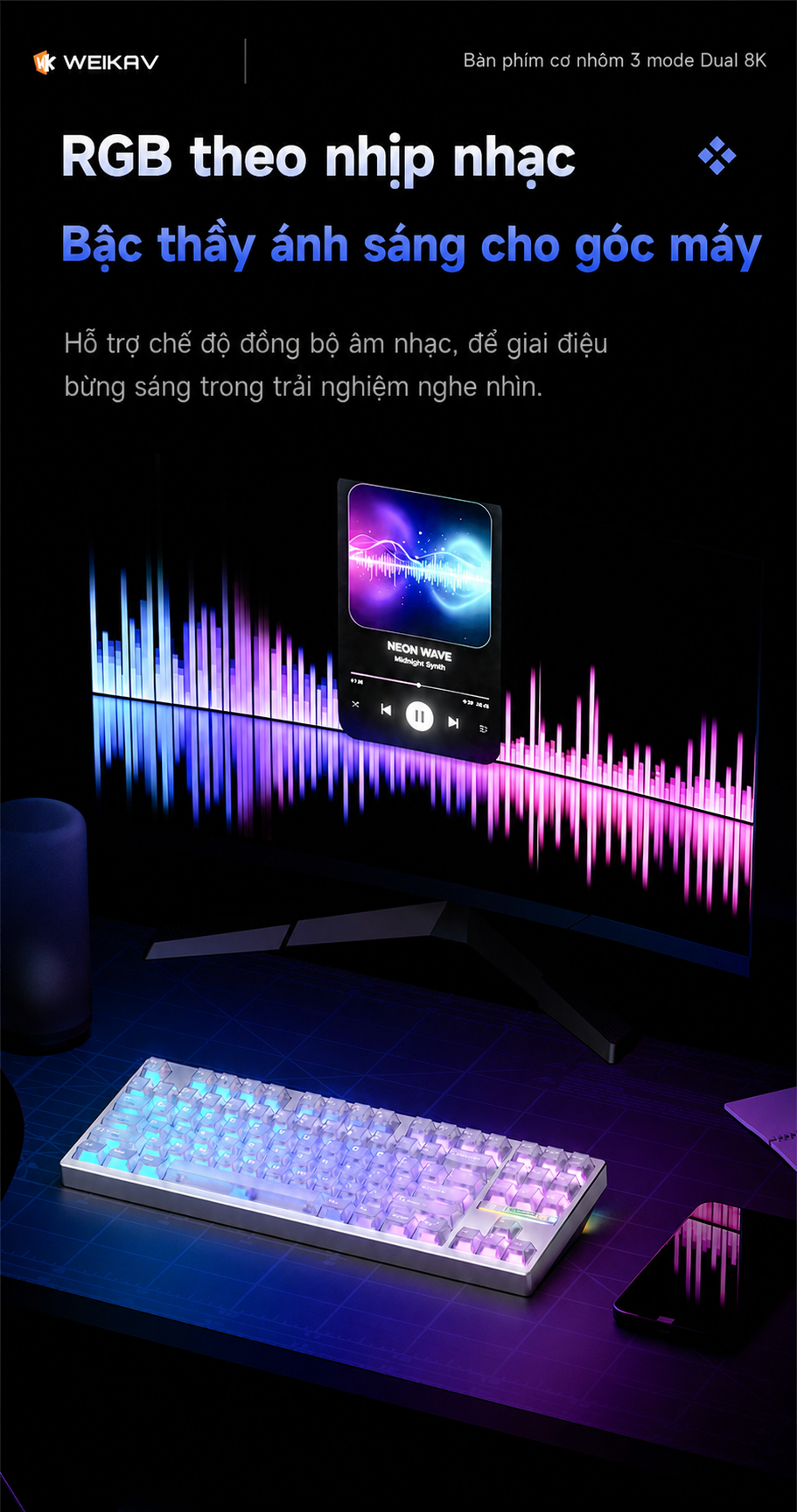 RGB đồng bộ âm nhạc trên bàn phím cơ Weikav NUT87
