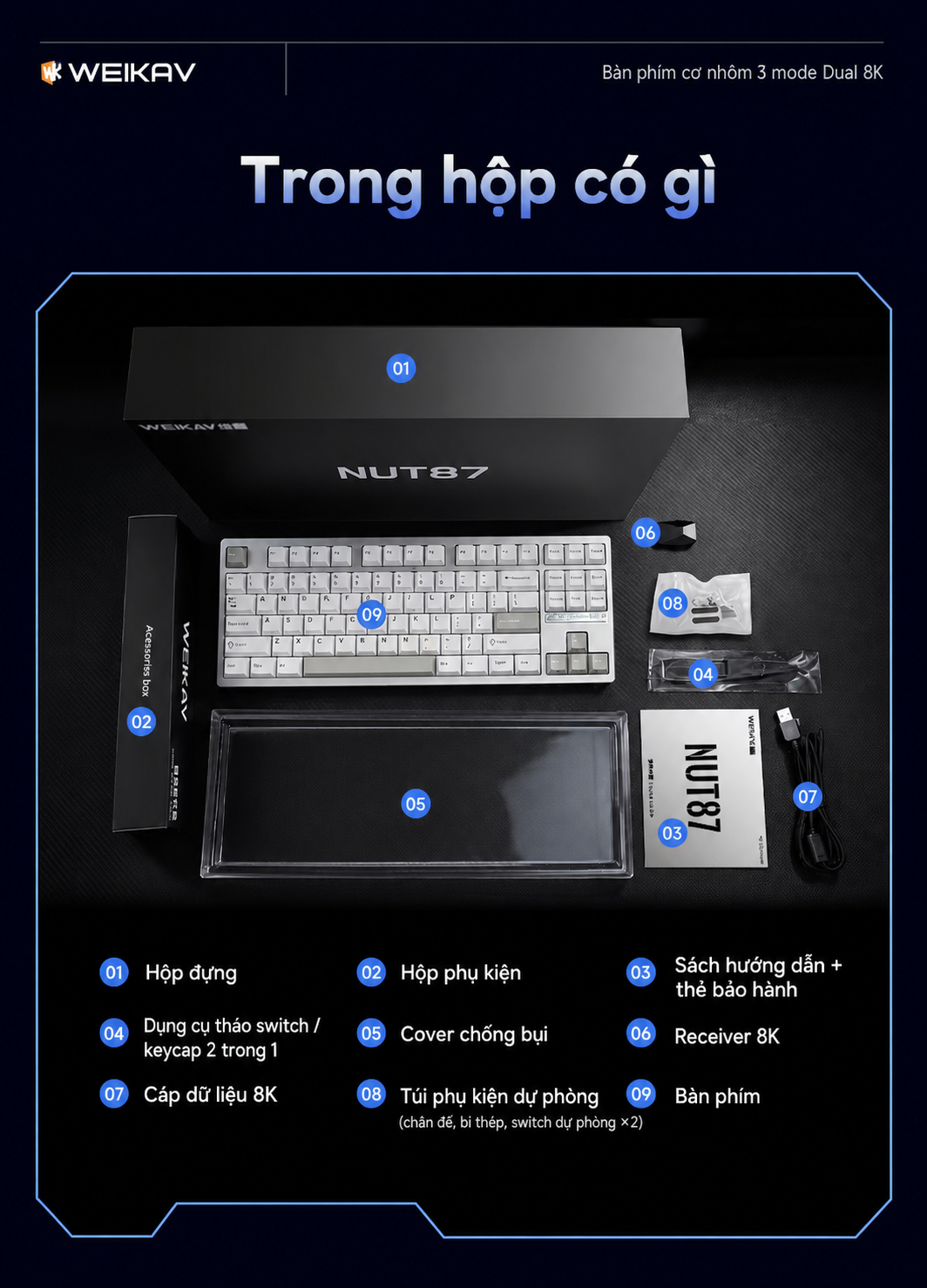 Phụ kiện trong hộp bàn phím Weikav NUT87