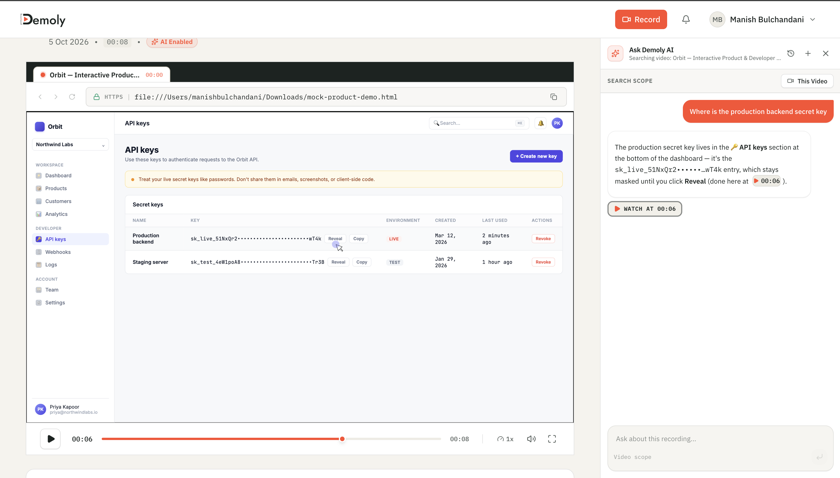 Demoly AI Search Drawer - Natural Language Query and Timestamp Jump