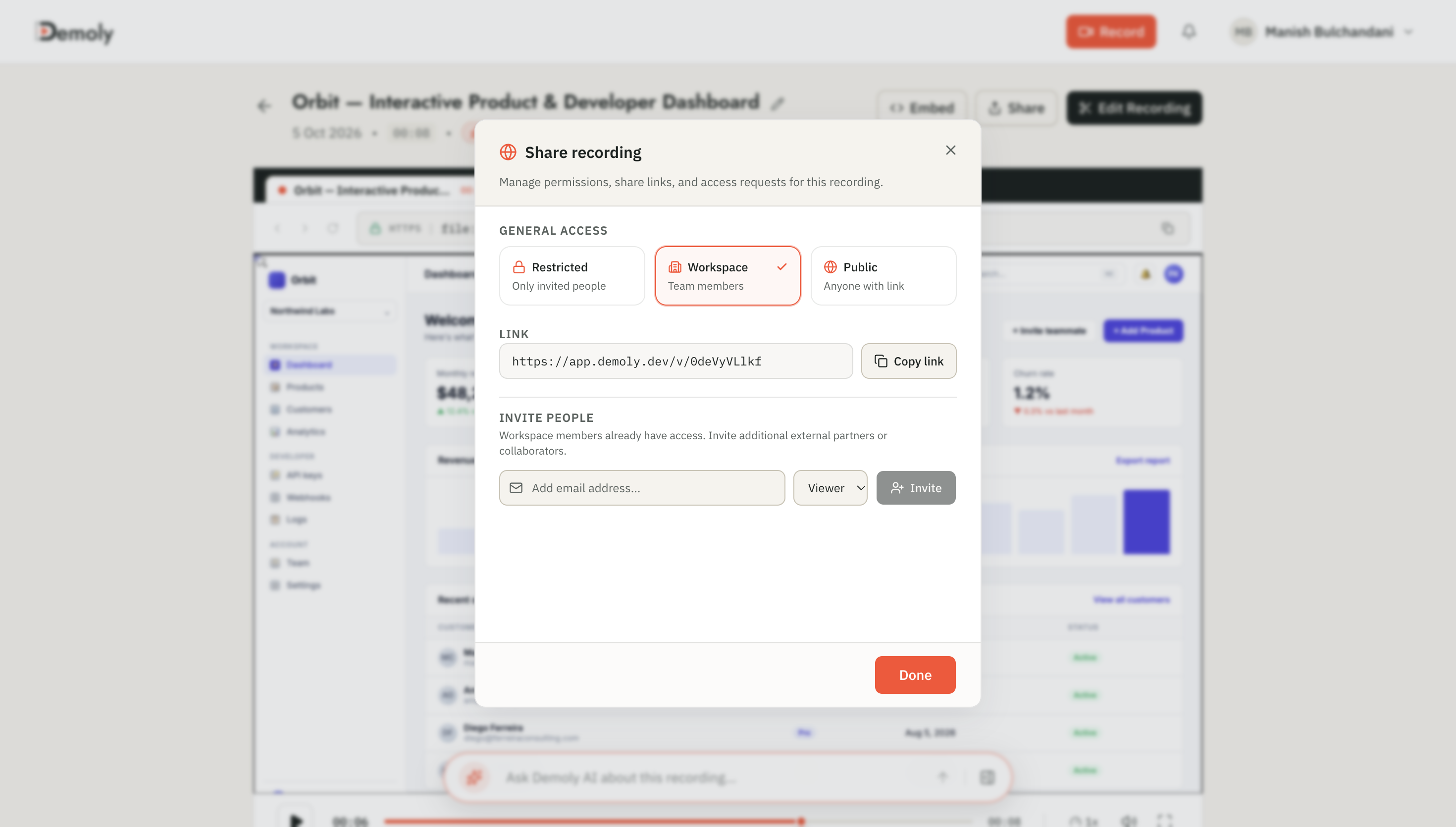 Demoly Share Modal showing zero-login link generation and viewer permissions