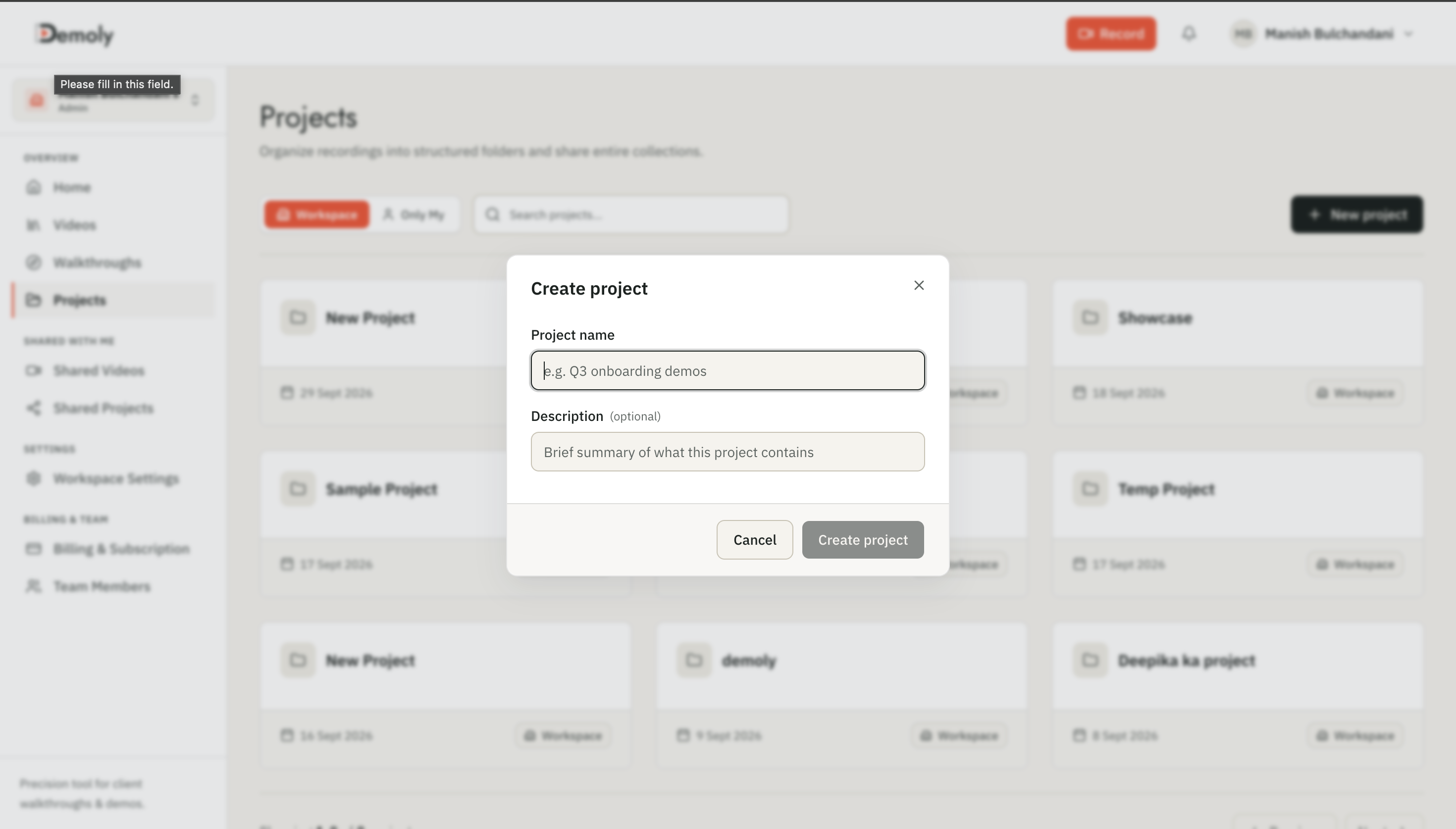 Demoly workspace dashboard create project modal for organizing client rollout modules