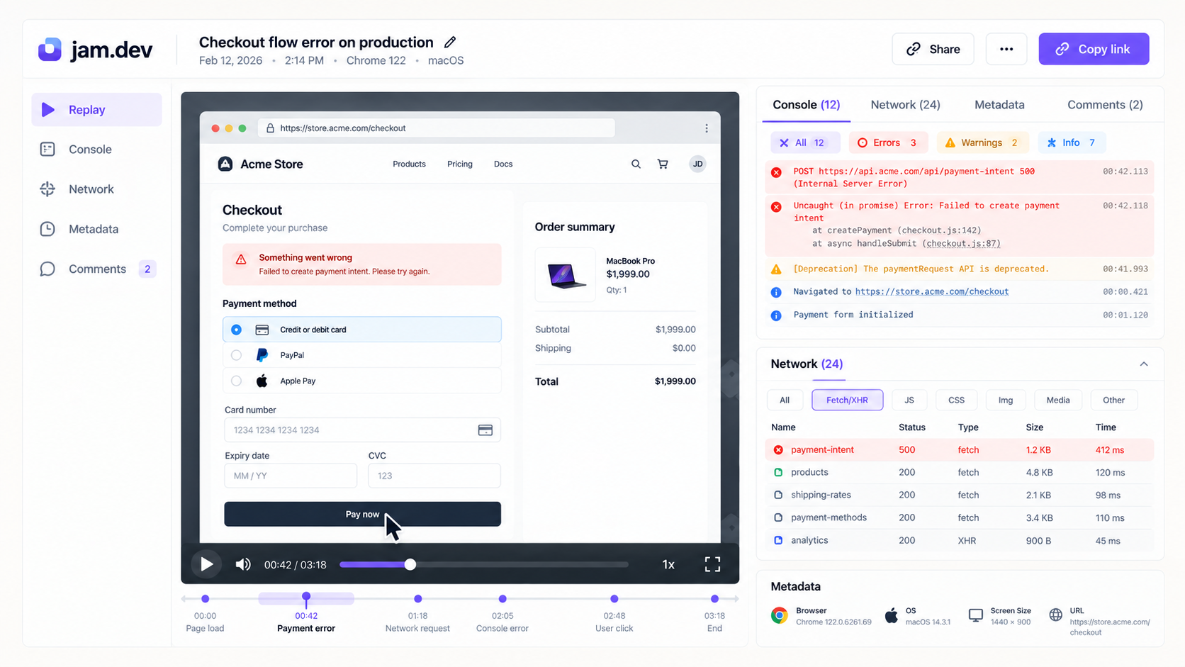 Checkout Error Replay Dashboard
