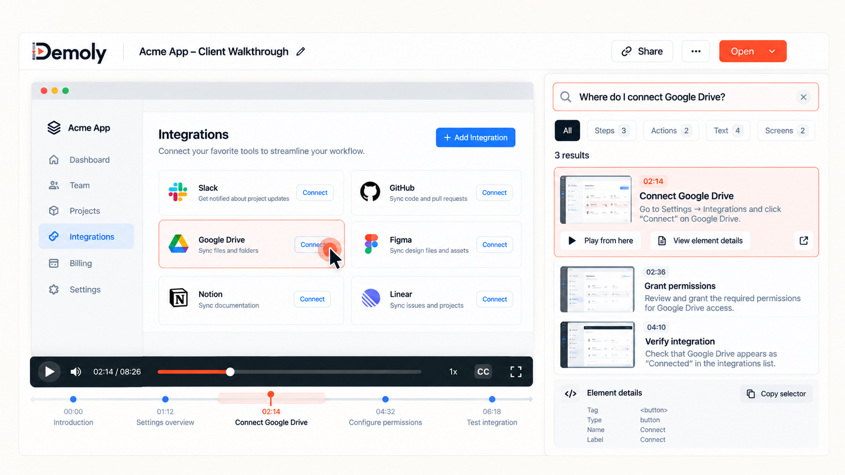 Demoly AI Walkthrough Search Interface