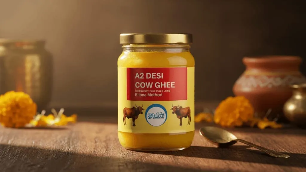 Amrit Milk Organic A2 Cow Ghee | Made using traditional Bilona hand-churning method | 100% A2 beta-casein protein from Desi Gir cows | Chemical-free | Preservative-free | Grain-fed cows - KaashtKart