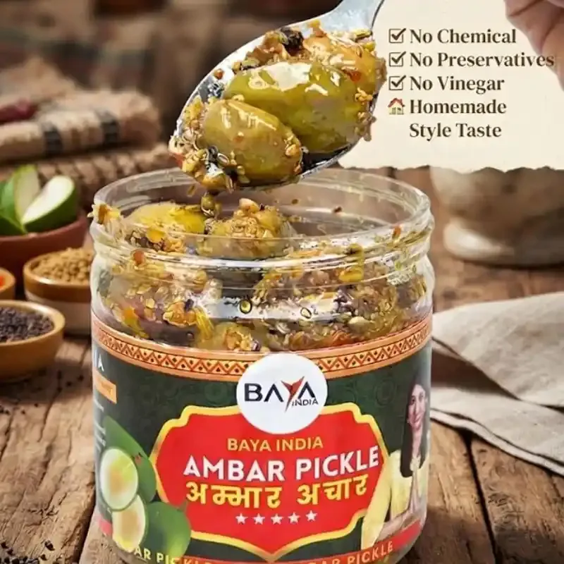 Baya India Ambar Ka Achar (Amda/June Plum) 250g | Homemade Indian Pickle | Made in Pure Mustard Oil | No Preservatives, No Garlic & No Onion | Spicy & Tangy - KaashtKart