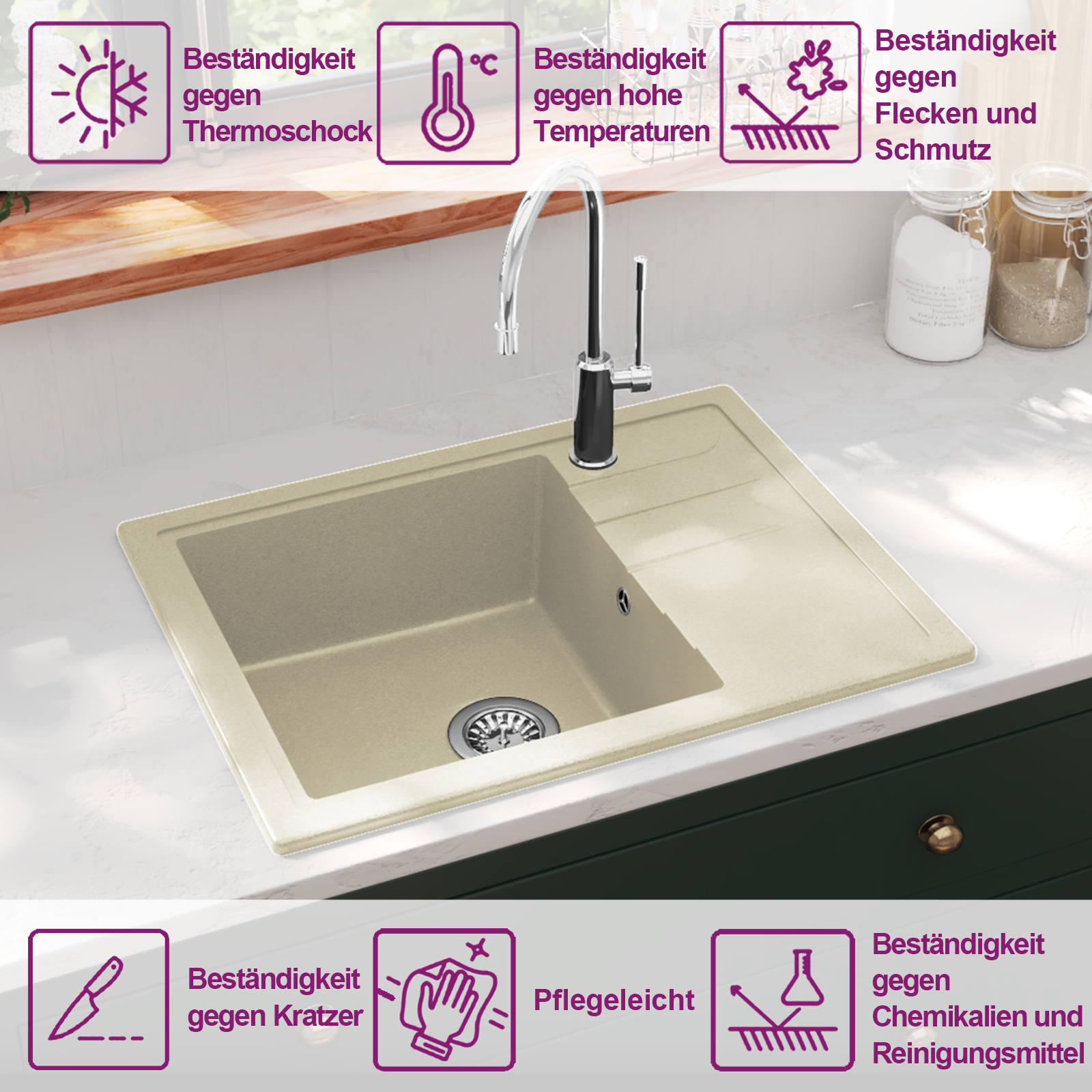 Küchenspüle mit Überlauf Oval Beige Granit – Ansicht 10