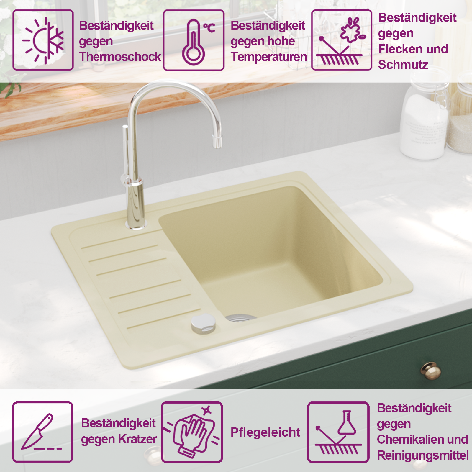 Granitspüle Einzelbecken Beige – Ansicht 9