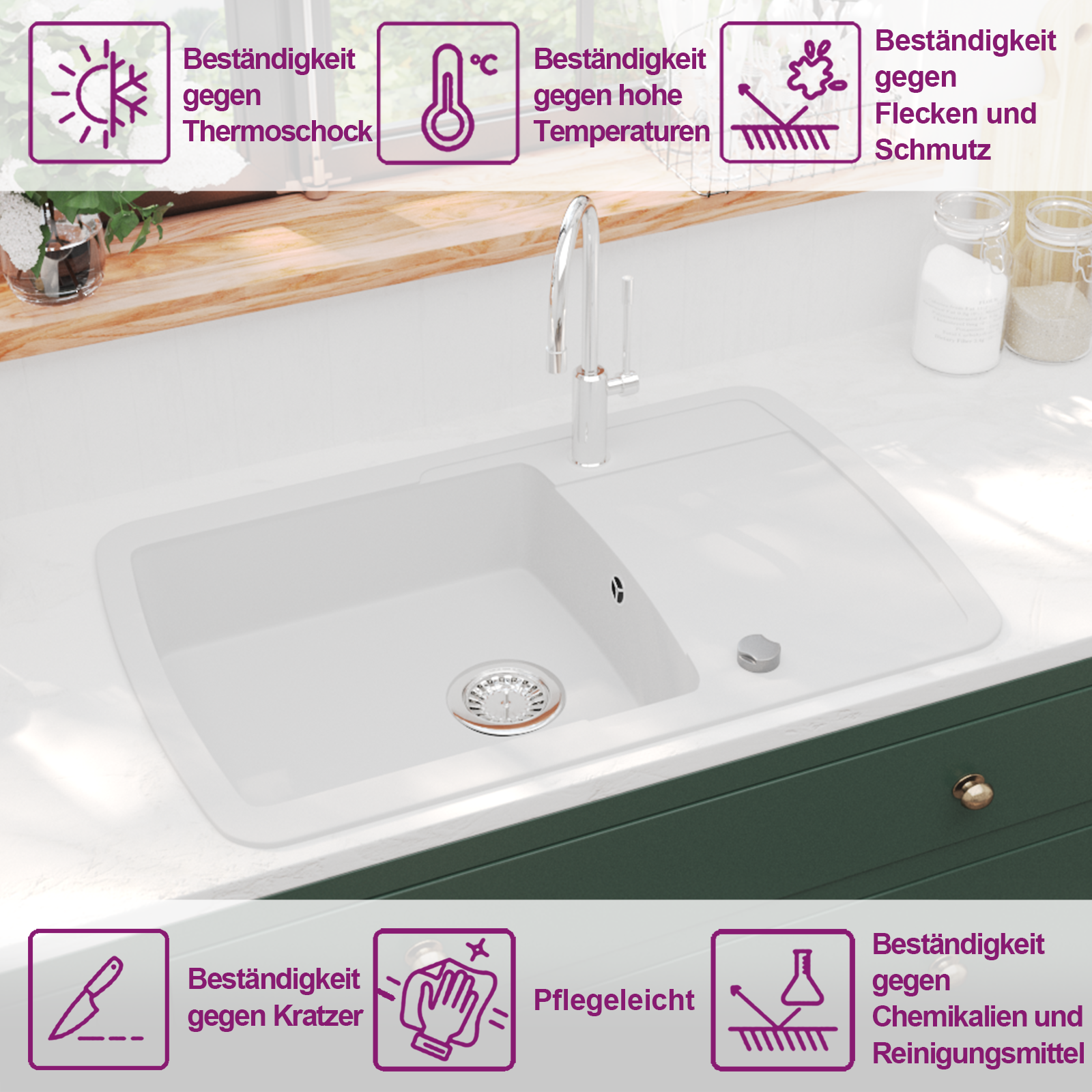 Granitspüle Einzelbecken Beige – Ansicht 9