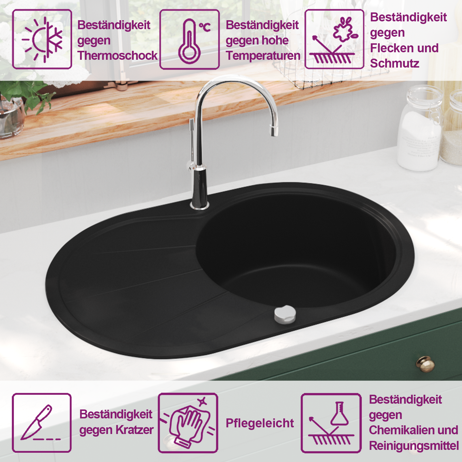 Granit Küchenspüle Einzelwaschbecken Oval Schwarz – Ansicht 9