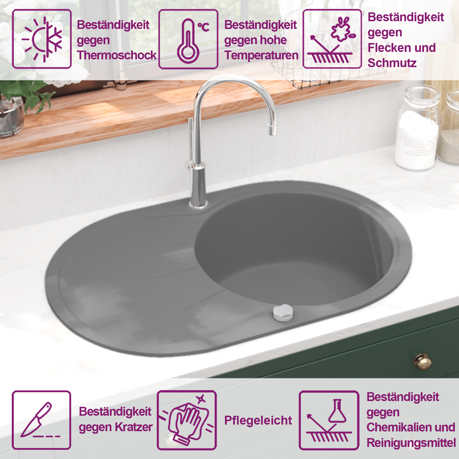 Granitspüle Einzelbecken Oval Grau – Ansicht 9