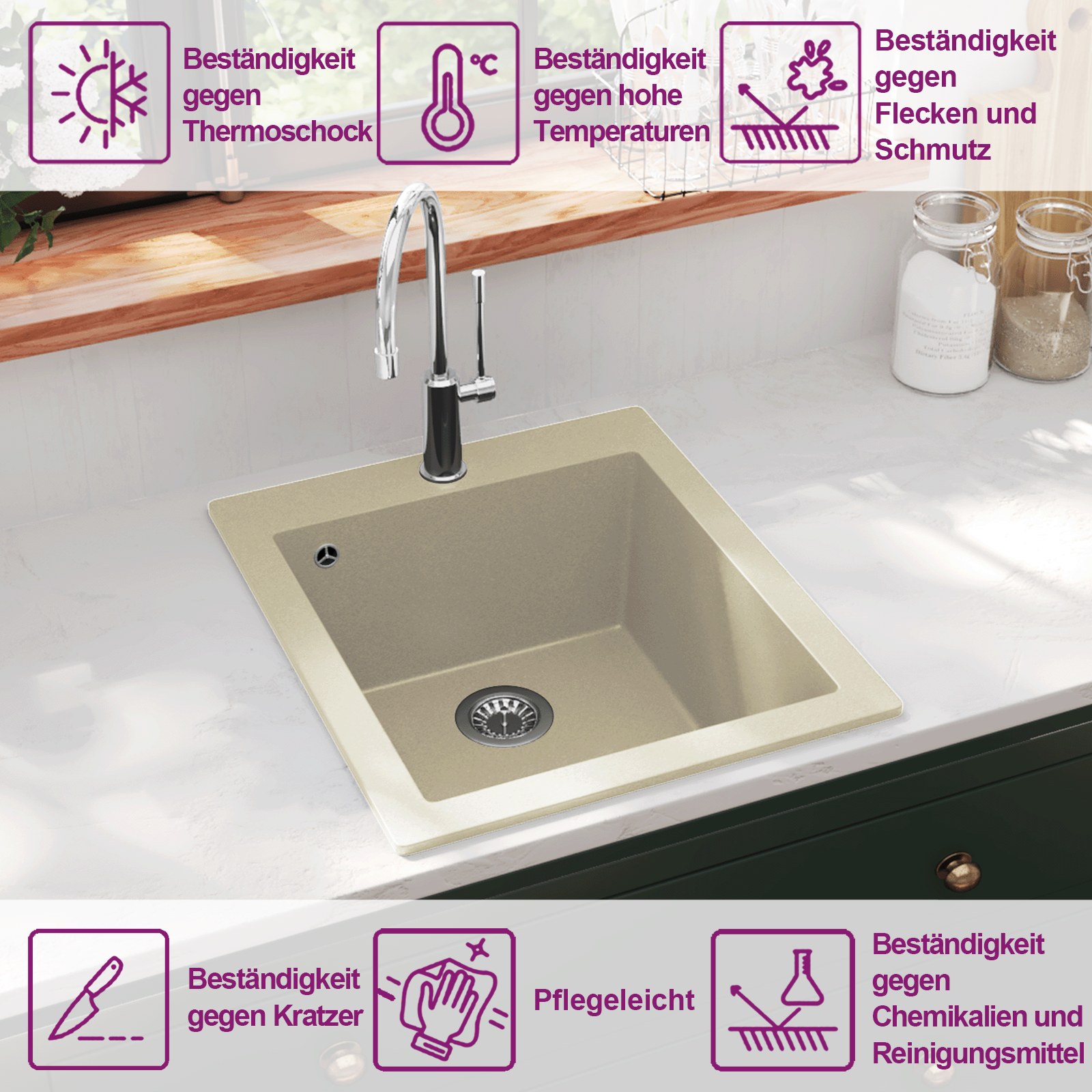 Granitspüle Einzelbecken Beige – Ansicht 9