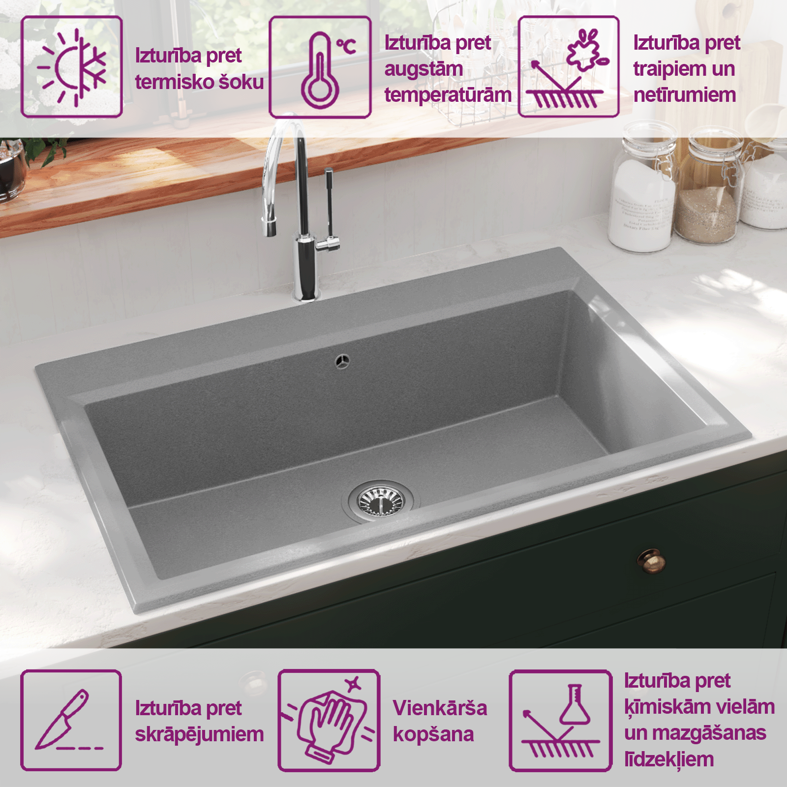 Kitchen sink gray 79 X 50 X 31 cm quart and resin