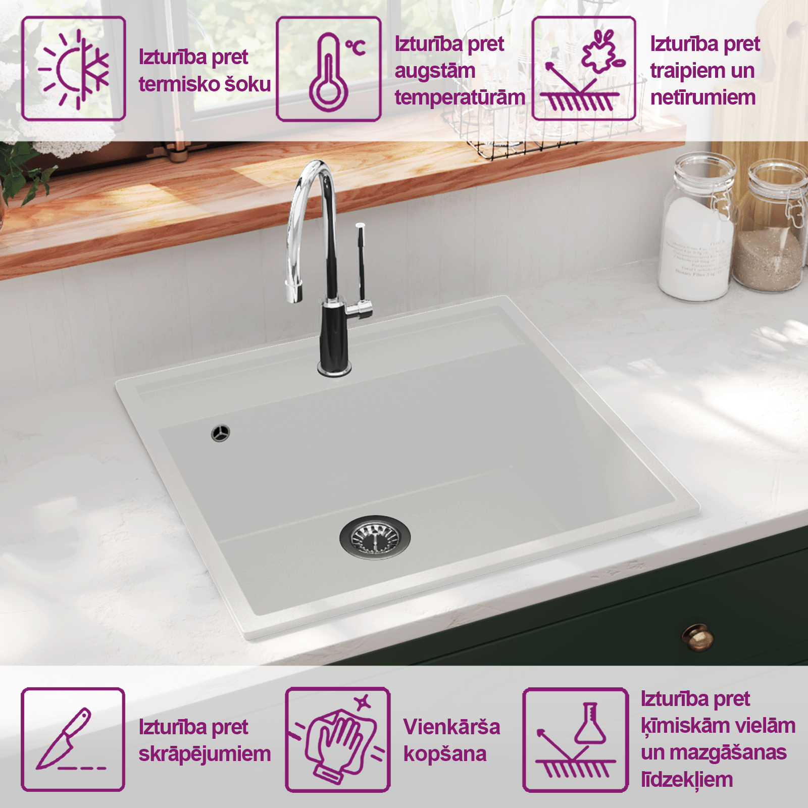 virtuves izlietne ar noteci, balts granīts