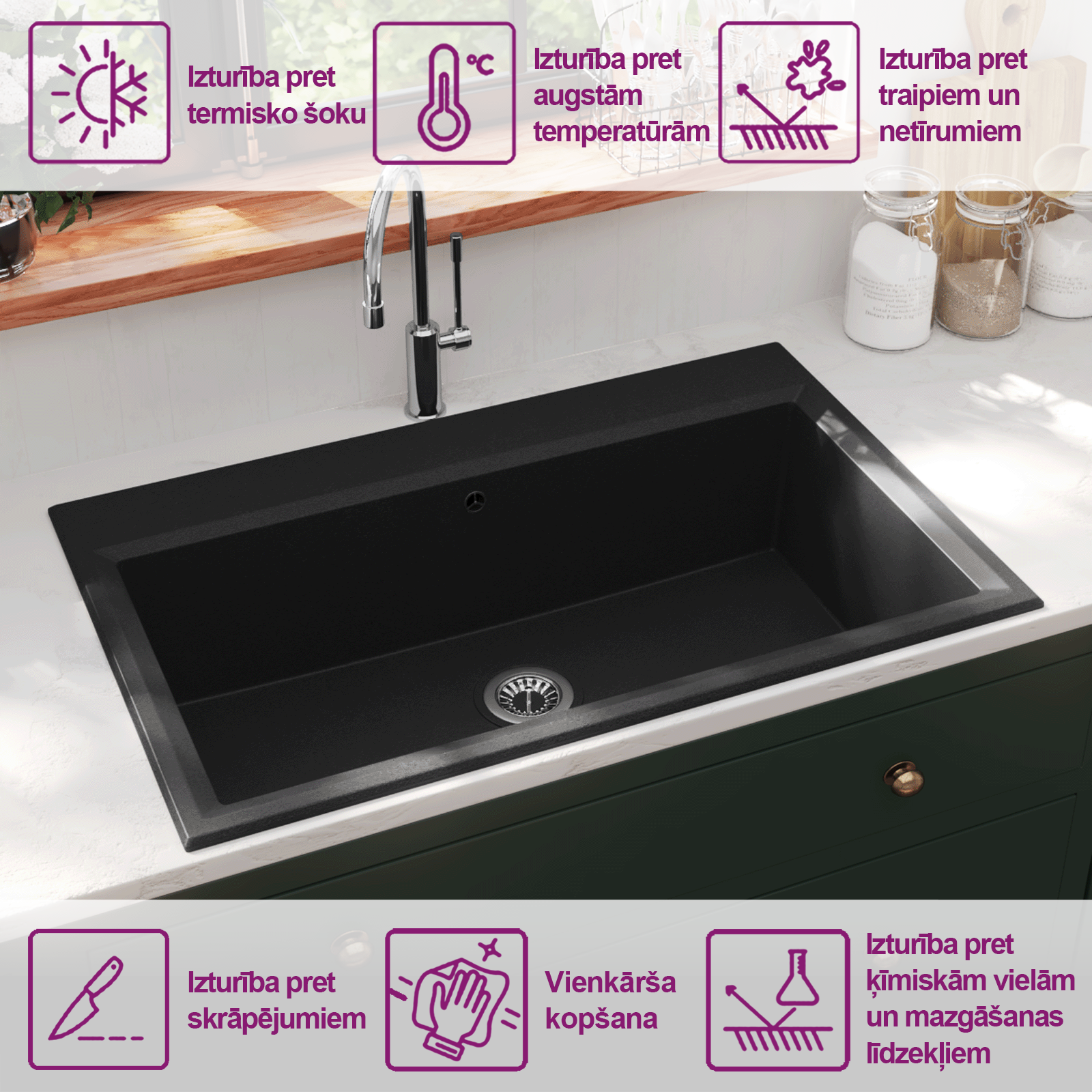 Virtuves izlietne Melna 79 x 50 x 31 cm Kvarts un sveķi