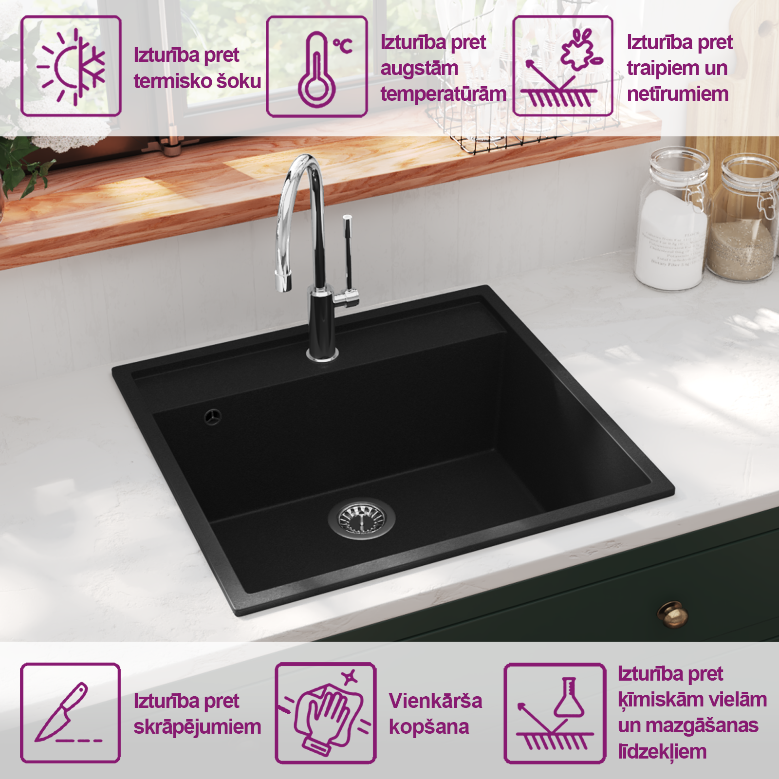 virtuves izlietne ar noteci, melns granīts