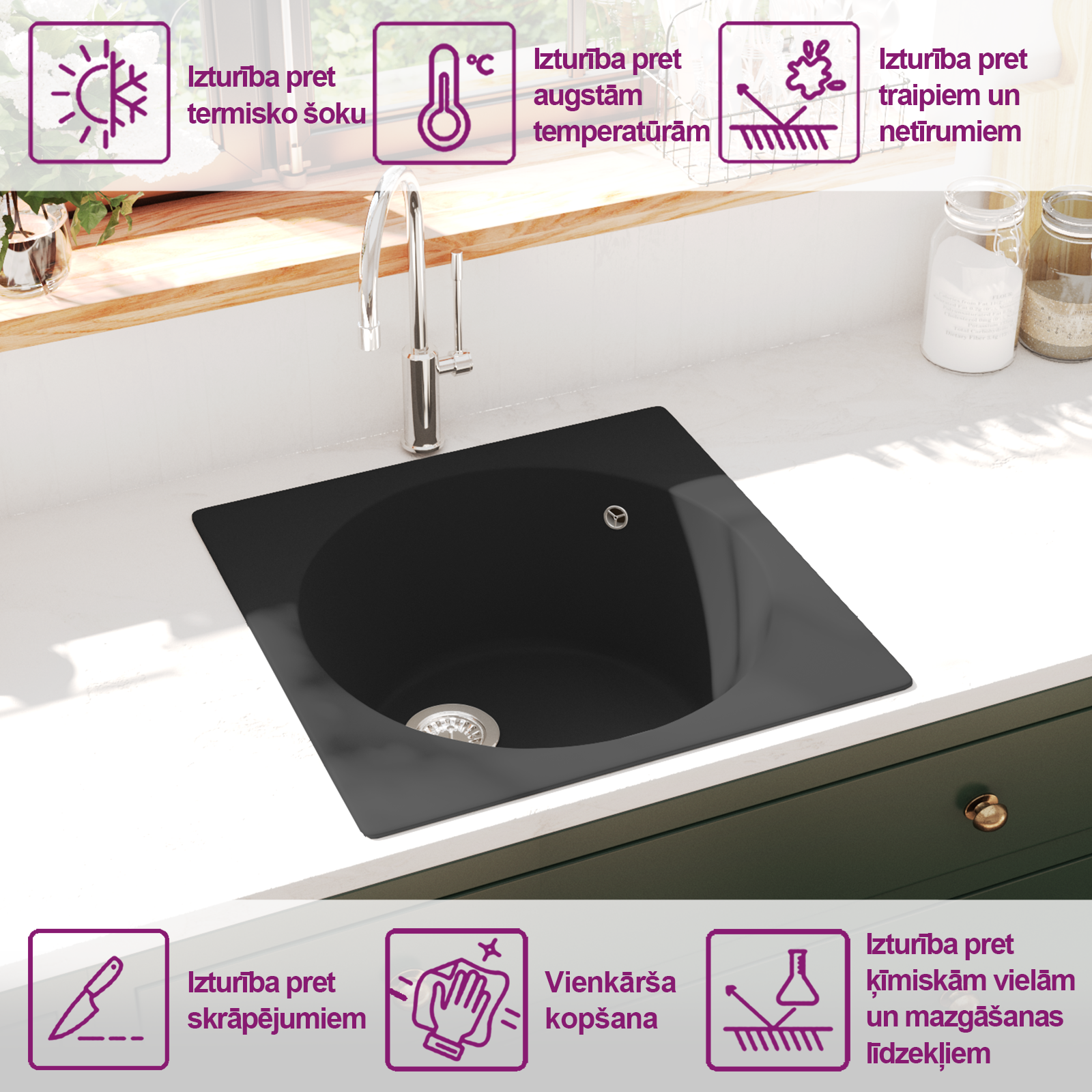 Кухонная мойка со сливом, черный гранит